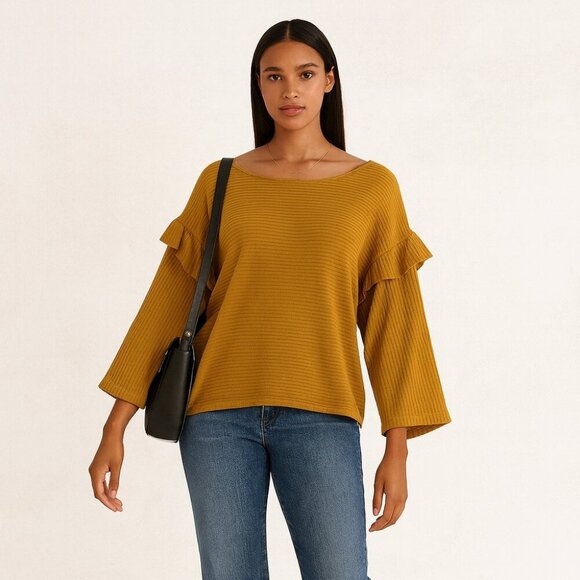 Rebecca King Mustard Ruffle Sleeve Ribbed Sweater Top Made in Canada Size XL - Picture 2 of 16